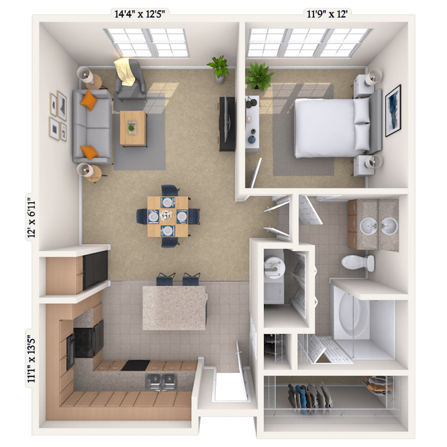 Traditional 1x1 720-1082 SF 1332 floor plan